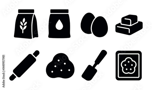 Baking ingredients silhouette icons set – flat, solid, cooking essentials, food preparation symbols