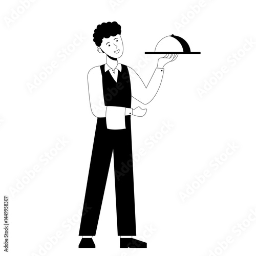 Flat vector illustration of smiling waiter holding a tray with cloche
