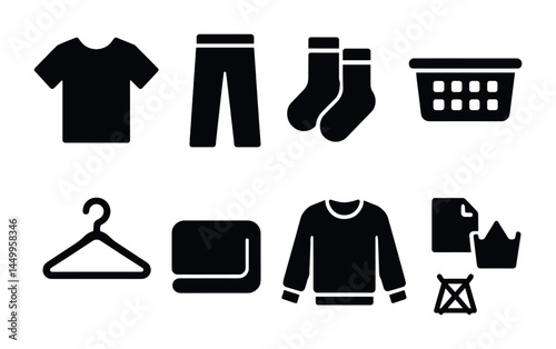 Laundry and garment care solid icons set – clothing maintenance, washing, apparel symbols