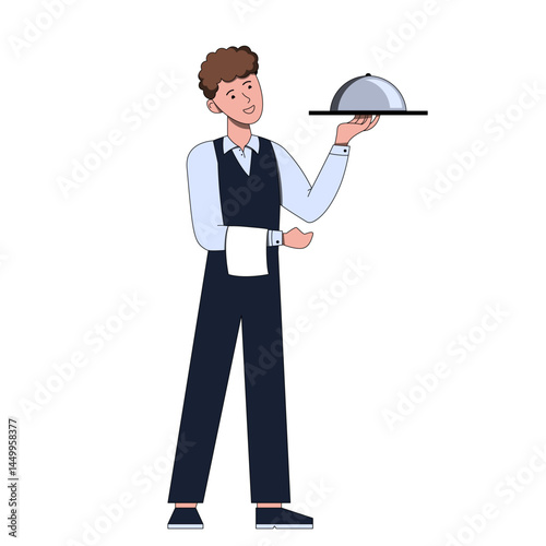 Flat vector illustration of smiling waiter holding a tray with cloche