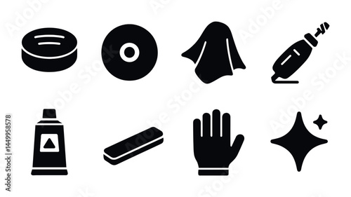 Cleaning tools solid icons set – filled, household and maintenance essentials symbols
