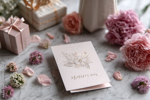 A serene flat lay featuring a thoughtful Mothera??s Day greeting card, delicate flower petals, and stylishly wrapped gifts, creating a peaceful and joyful celebration atmosphere.