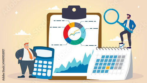 Accounting or budget planning, financial report calculation, expense analysis, tax report document, statistic chart and graph concept, businessman with calculator on accounting analysis clipboard.