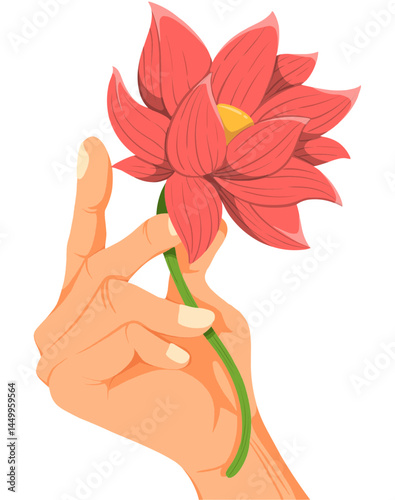 Hand Holding a Pink Lotus Flower Illustration