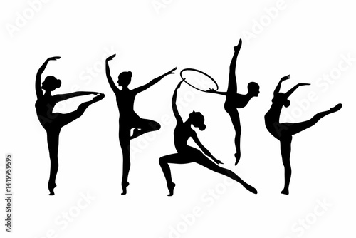 Graceful rhythmic gymnasts silhouettes artistry elegance poise athleticism black white minimalist