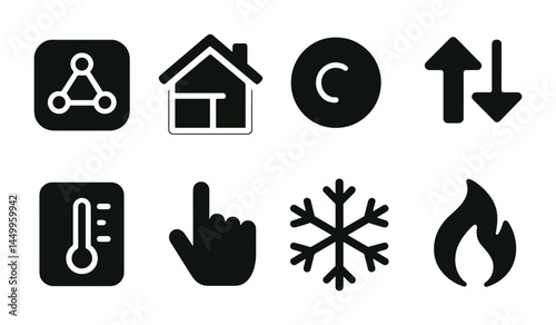 Home automation solid icon set – smart home control, security, automation symbols