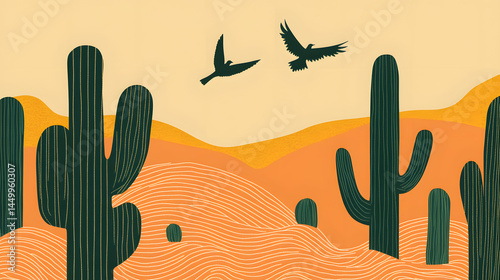 cactus, desert, arizona, saguaro, sky, cacti, nature, plant, green, landscape, blue, dry, mexico, hot, sunset, vector, saguaro cactus, sun, sand, thorn, arid, succulent, illustration, summer, western