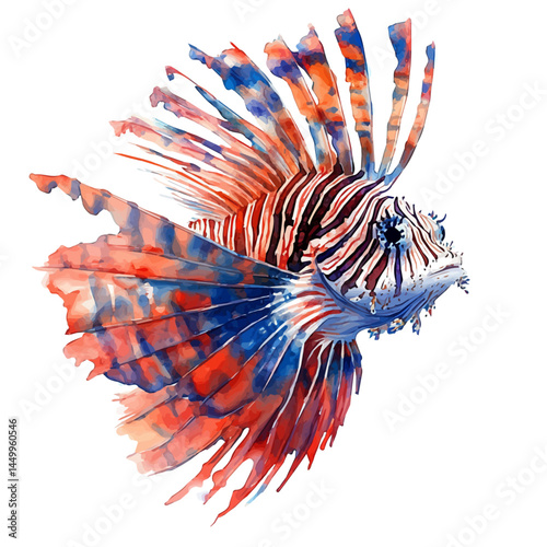 watercolor of Lionfish Hunting Near The Reef, vector, isolated on a white background.