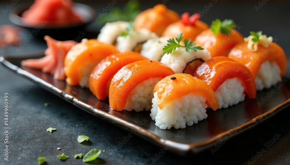 Sushi platter, various rolls, elegant arrangement, appetizing, white Sushi platter, various rolls, elegant arrangement, appetizing, white