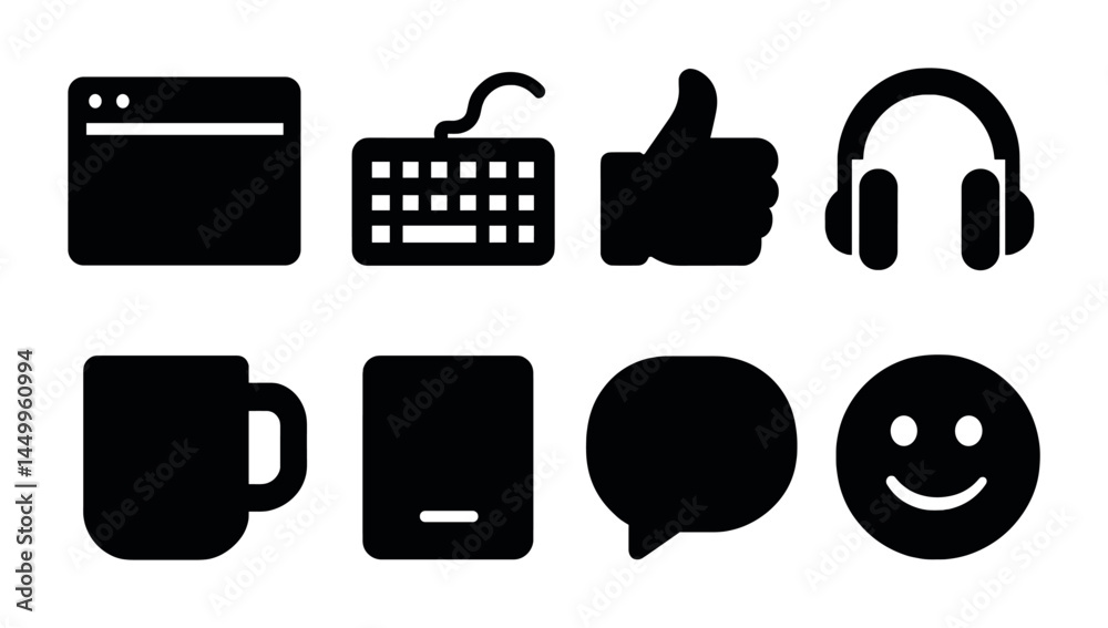 Digital communication solid icons set – tech, computer, and online interaction graphics Digital communication solid icons set – tech, computer, and online interaction graphics