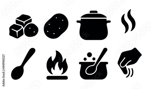 Cooking essentials silhouette icon set - solid, culinary, kitchen and food preparation symbols