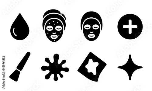 Skincare and beauty solid icons set – silhouette, facial and spa treatment symbols