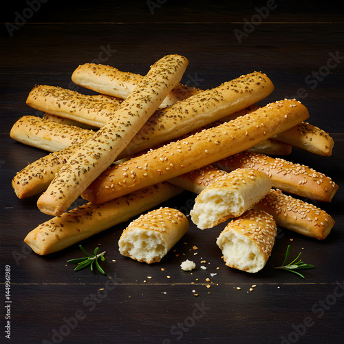 A pile of golden brown breadsticks with sesame seeds and herbs on a dark wooden surface top view