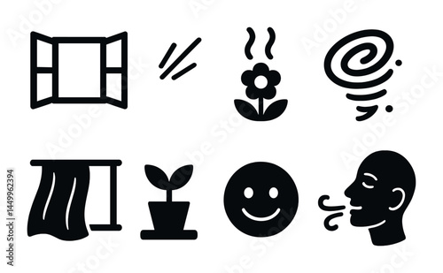 Fresh air and wellness solid icons set – filled, health, indoor environment symbols