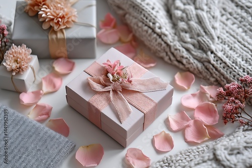 A soft and elegant flat lay of a Mother's Day greeting card placed amidst fragrant flower petals and beautifully wrapped gifts, setting a serene and loving mood.