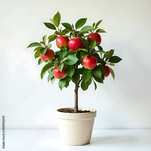 Potted red apple tree with fruit, on white background