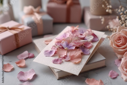 A soft and elegant flat lay of a Mother's Day greeting card placed amidst fragrant flower petals and beautifully wrapped gifts, setting a serene and loving mood.