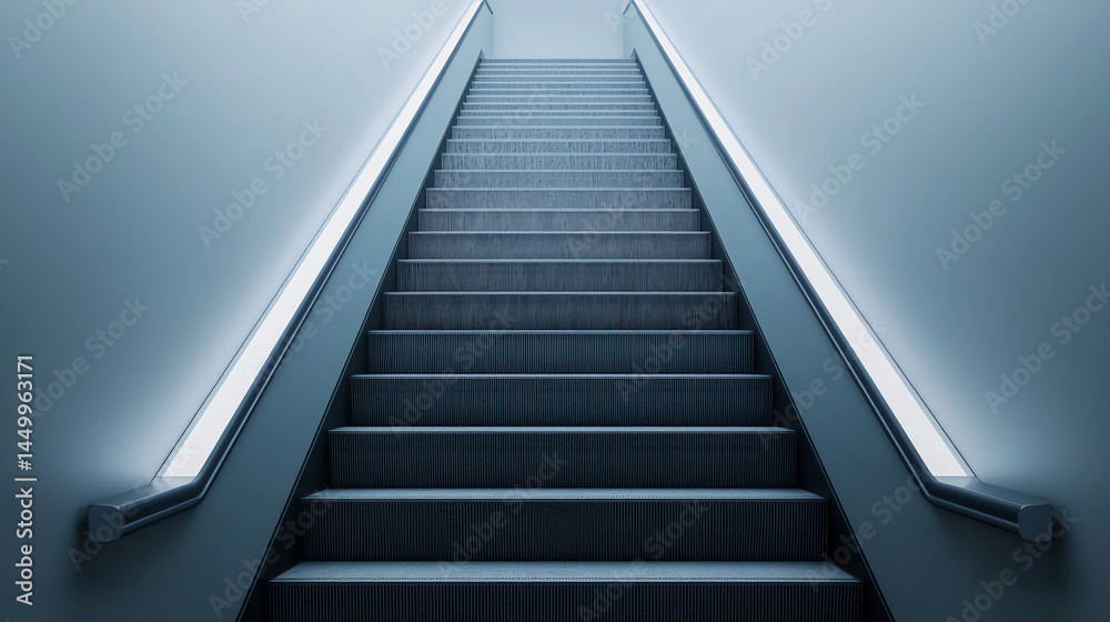 Minimalist image of an empty, modern escalator ascending between sleek walls with bright rail lighting. Minimalist image of an empty, modern escalator ascending between sleek walls with bright rail lighting.