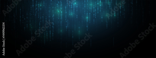 Vector digital code rain in a Matrix inspired futuristic style. High-tech backdrop with glowing binary characters. Binary Software Programming Code Background. Digital Data Technology Concept.