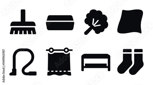 Home cleaning and maintenance icon set in solid style – housekeeping, chores, sanitation symbols