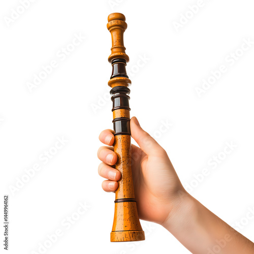 Close-up of a hand holding a bagpipe chanter png photo