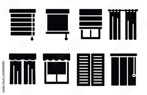 Home décor window treatment solid icons – blinds, curtains, and drapes silhouette symbols