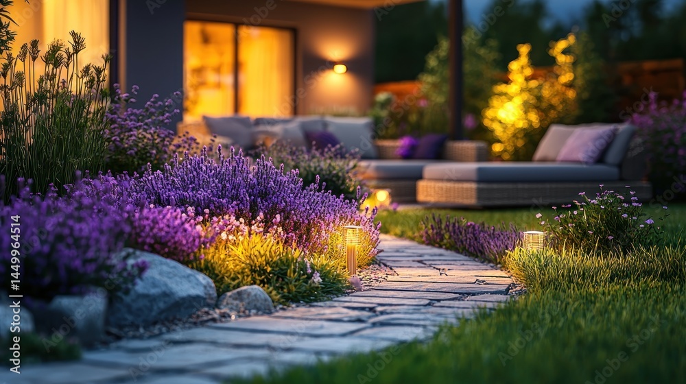 Obraz premium Tranquil garden path with lavender at twilight