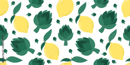 Artichoke and lemon seamless pattern vector with fresh green leaves on a white background — perfect for Mediterranean food packaging, organic produce branding, farmers market design, healthy lifestyle