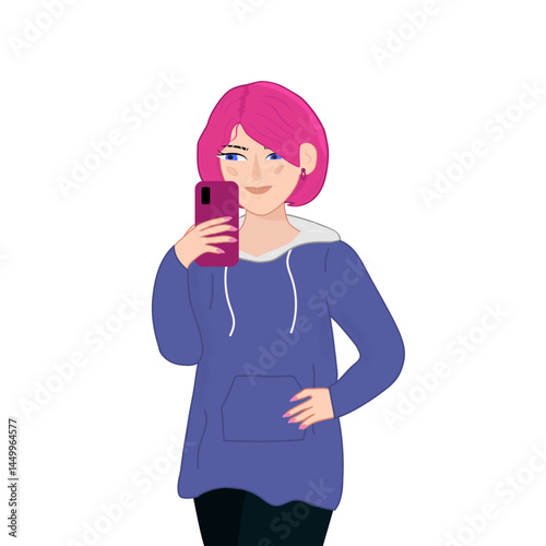 Cool stylish young Girl taking a selfie on smartphone. . Isolated on background. Hand drawn colored trendy Vector illustration. Fashion, Social media concept