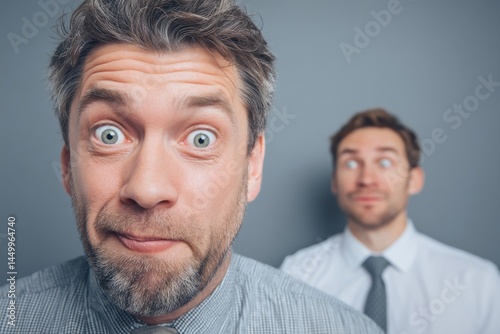 A surprised man stares at the camera with his eyes wide open, a second man is behind.