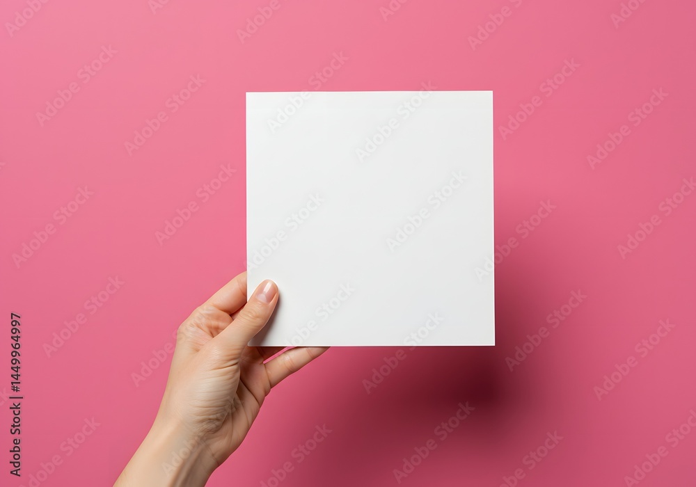 Female Hand Holding Blank White Square Paper on Pink Background. Female Hand Holding Blank White Square Paper on Pink Background.