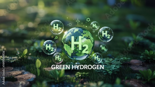 Green hydrogen molecule displayed on a globe over nature.
