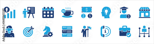 Business and management icon set. Contains symbol of businessman, target, finance, financial, success, data, customer service, work, money, store, shop, meeting, education, idea. Vector illustration