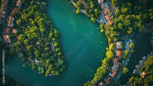 Serene lake nestled within lush greenery and charming homes