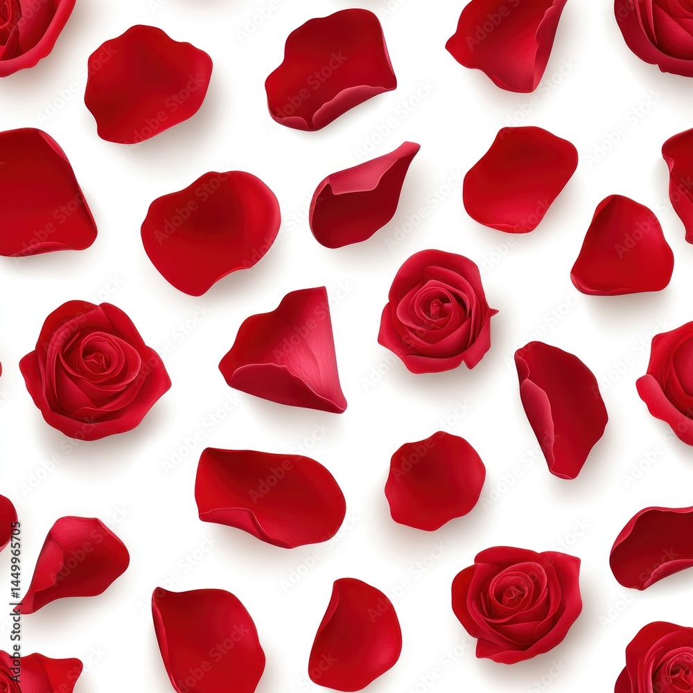Elegant arrangement of red rose petals and blooms on a white background suitable for weddings or romantic occasions Elegant arrangement of red rose petals and blooms on a white background suitable for weddings or romantic occasions