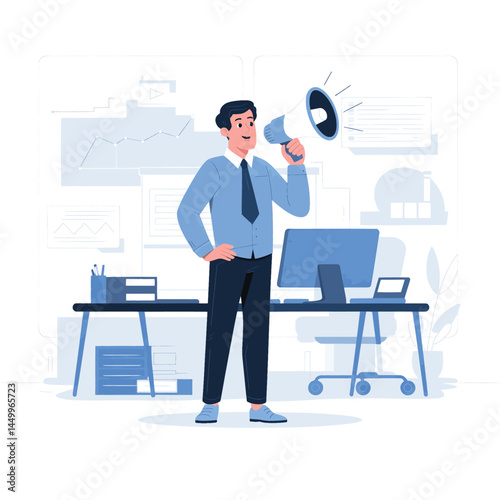 businessman speaking using a megaphone on office background flat
