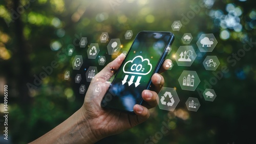 Mobile phone displaying a carbon emission reduction concept.