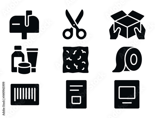Mail, packaging, and office solid icon set – filled, delivery, shipment, and stationery symbols