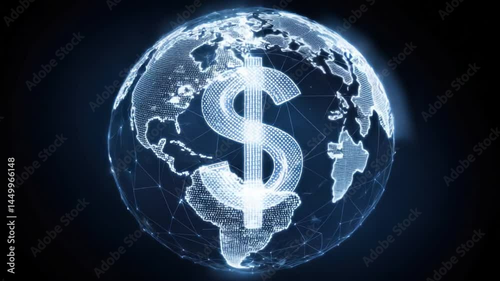 Global financial network, a digital dollar symbol superimposed on a glowing world map.  Detailed connections form a network