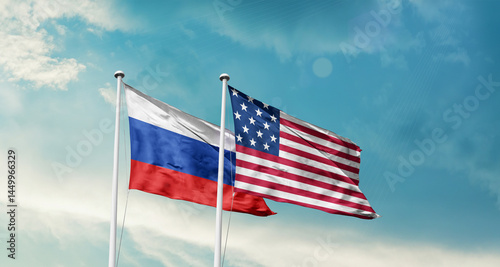 Russia and America friendship flags are waving in the sky.Two country flag for agreement or deal. Russia USA national flag for comittment.