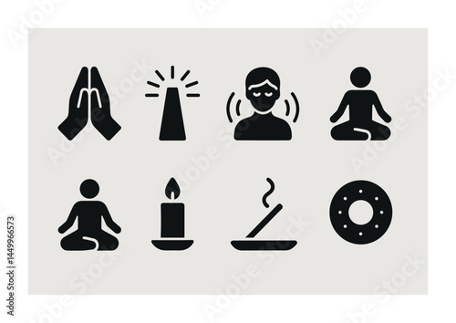 Meditation and mindfulness solid icons set – zen, relaxation, and spiritual wellness symbols