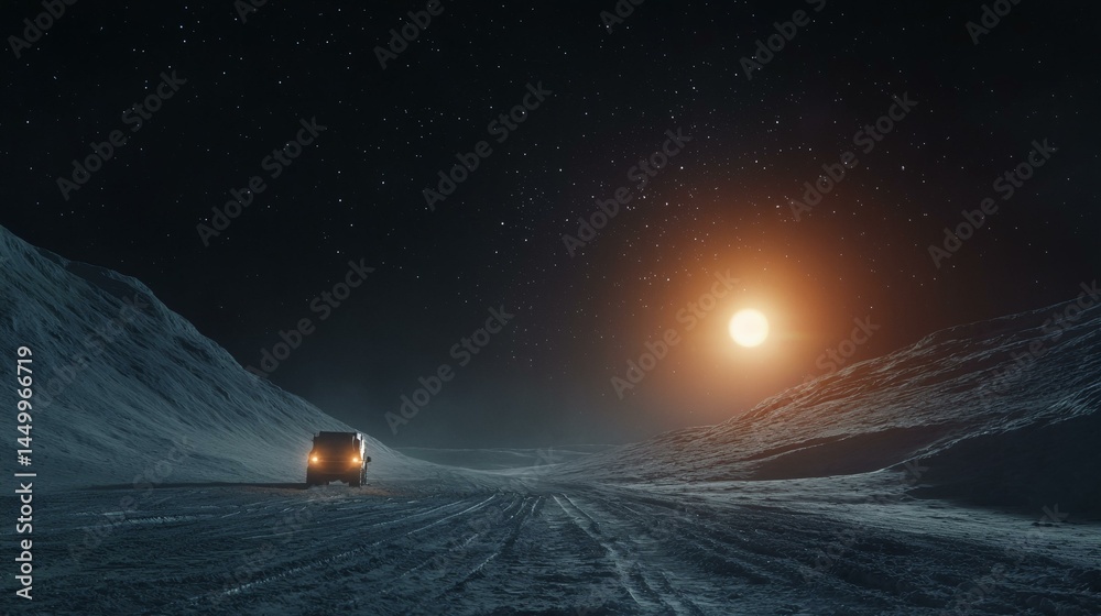 a truck driving down a snowy road at night with a bright light on the horizon