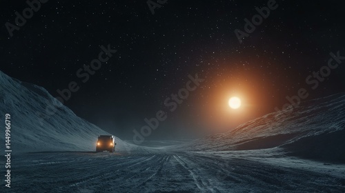 Obraz na płótnie a truck driving down a snowy road at night with a bright light on the horizon w salonie