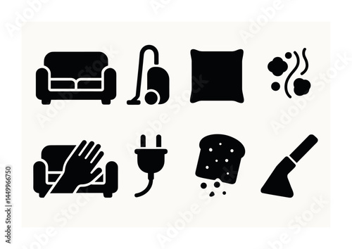 Home cleaning solid icons set – hygiene, housekeeping, domestic chores symbols