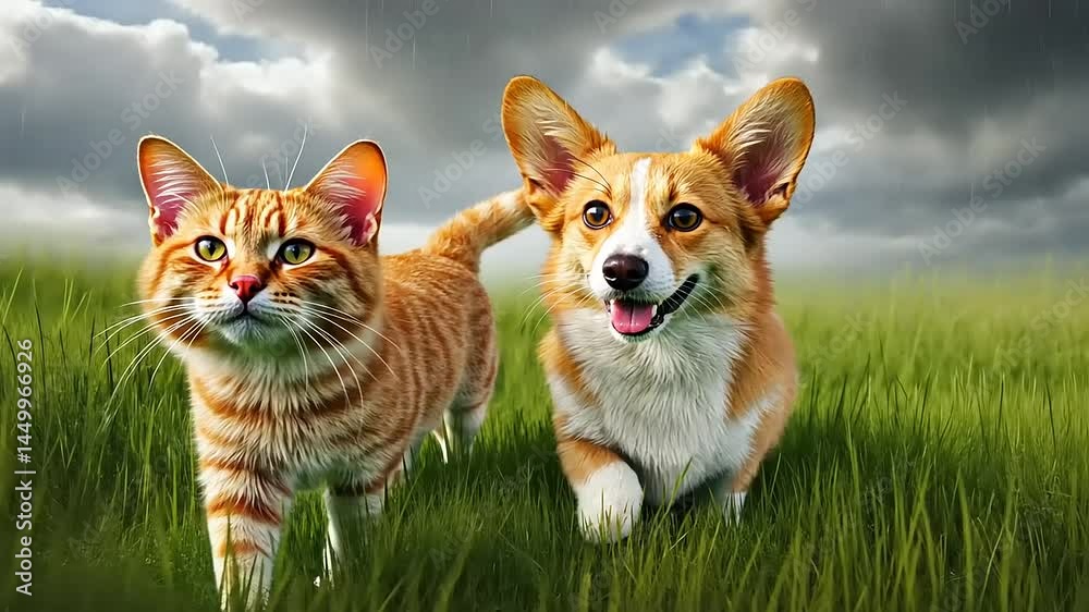 Playful Cat and Dog Running Together in Green Grass Under Cloudy Sky Playful Cat and Dog Running Together in Green Grass Under Cloudy Sky