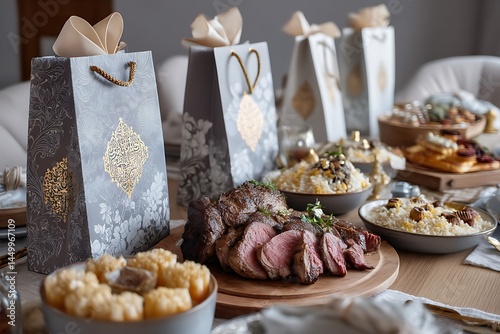 A stunning close-up of Eid ul-Adha treats and gifts on a dining table, showcasing freshly prepared dishes like roast lamb, pilaf, and sweet pastries, with elegant gift bags nearby. photo