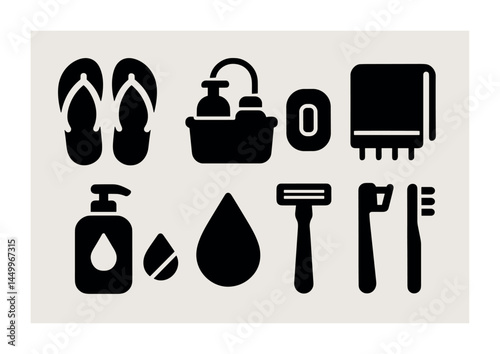 Bathroom essentials silhouette icons set – solid, filled, hygiene and grooming symbols