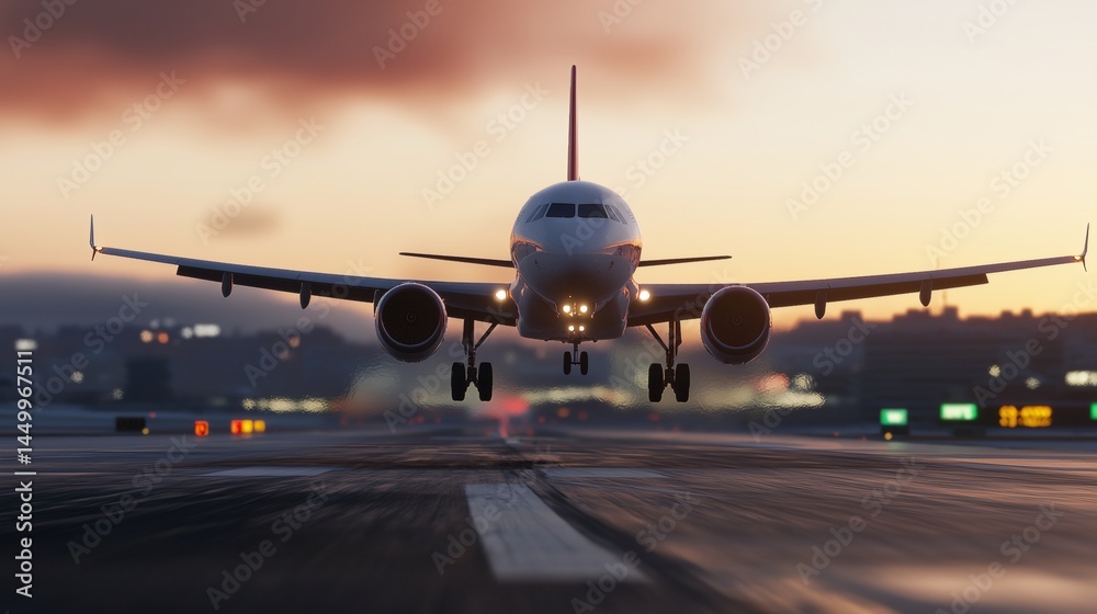 a large jetliner flying through a cloudy sky at dusk on a runway at an airport with lights on a large jetliner flying through a cloudy sky at dusk on a runway at an airport with lights on