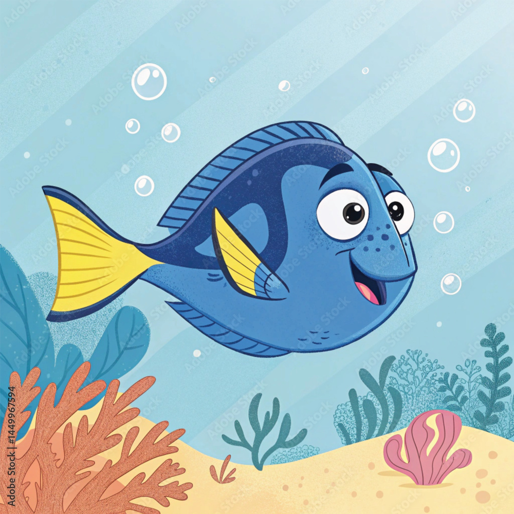 Fototapeta premium Cartoon Blue Tang Fish Vector Playful Bubbles and Coral Reef Design
