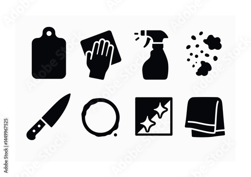Cleaning tools silhouette icons set – flat, household, sanitation symbols
